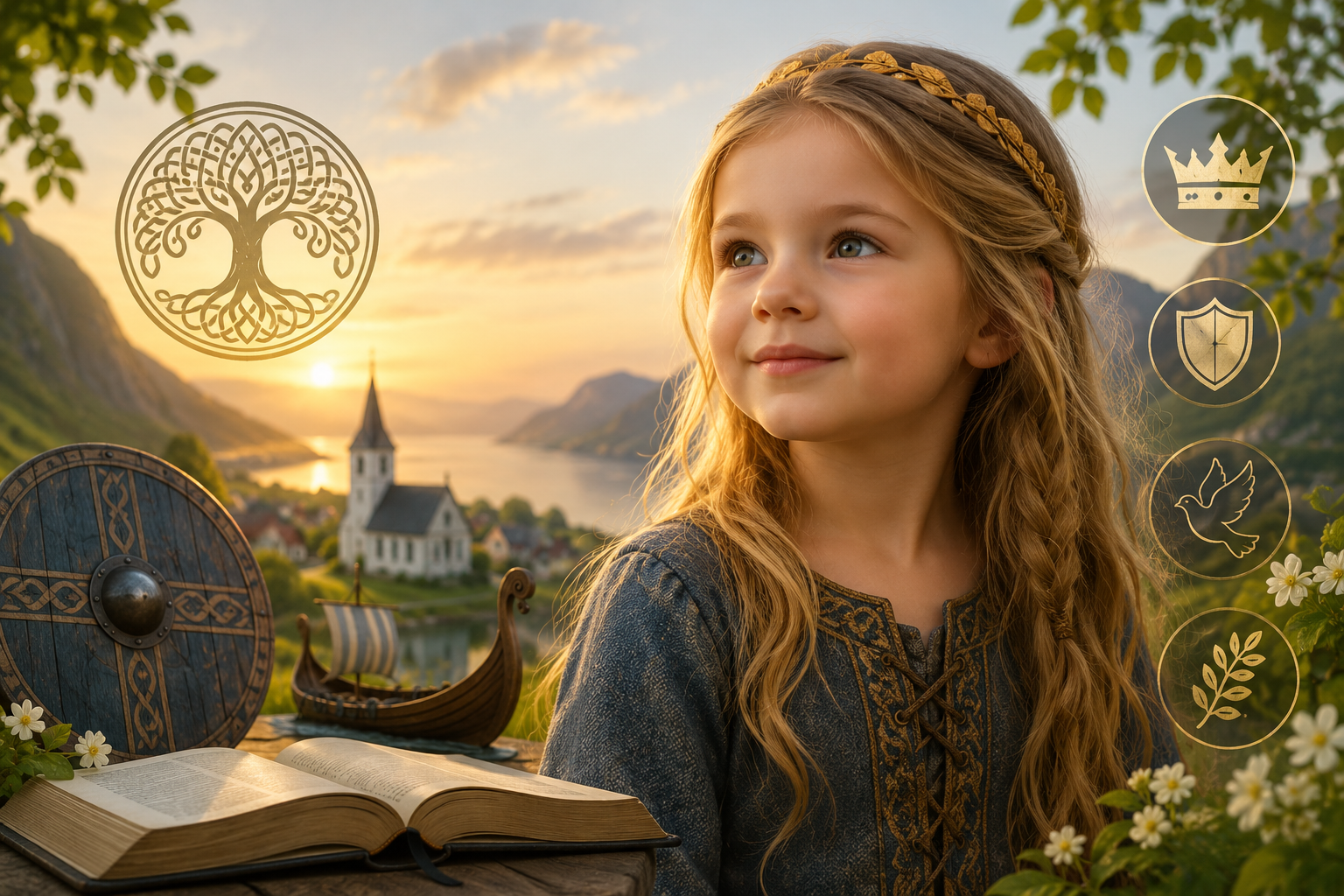 A young girl in traditional Nordic inspired clothing stands in a peaceful fjord landscape at sunrise, surrounded by a Viking shield, longship, open book, and symbolic icons representing royalty, peace, heritage, and faith, creating a warm and timeless illustration of the meaning of the name Astrid.