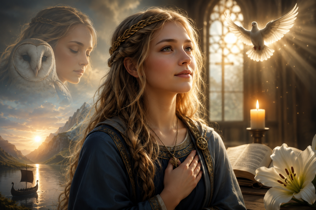 A serene young woman in Norse inspired clothing stands in warm golden light with a glowing dove, open Bible, candle, white lily, owl, and distant Viking ship, symbolizing the spiritual meaning, hope, wisdom, and heritage associated with the name Astrid.