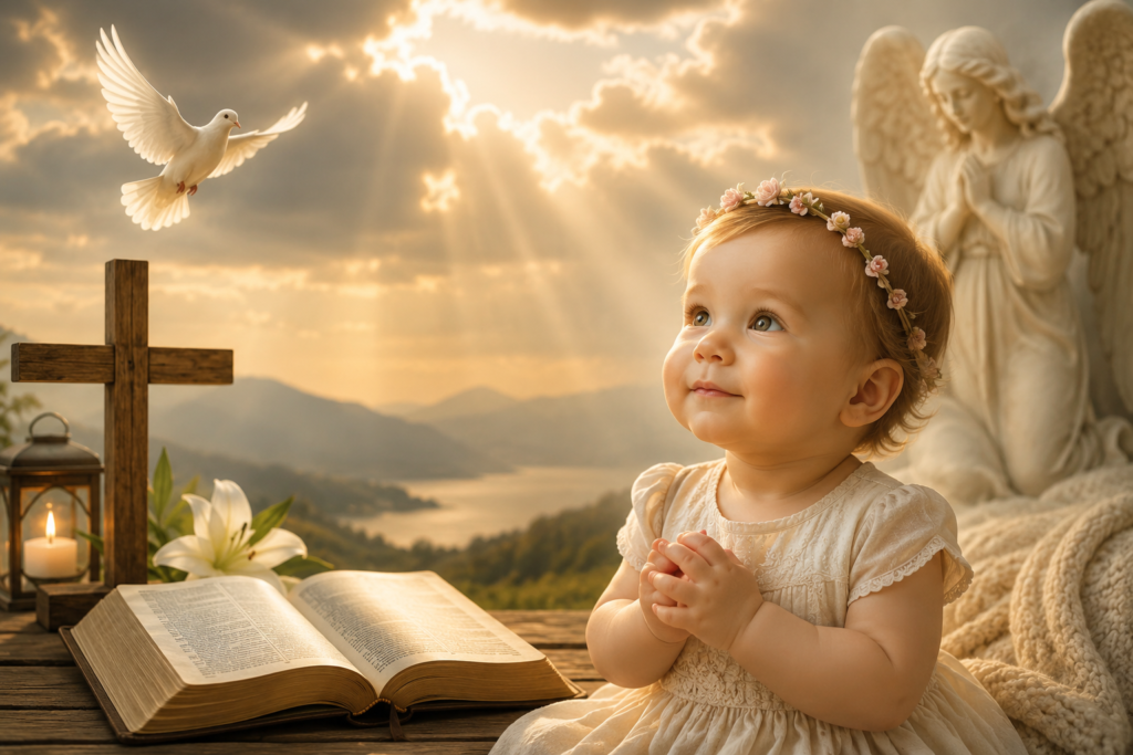 Peaceful faith inspired scene featuring a smiling baby girl praying beside an open Bible and wooden cross, with a white dove in flight, white lilies, soft golden sunlight streaming through the clouds, and a serene angel statue in the background, symbolizing hope, purity, faith, and spiritual guidance.