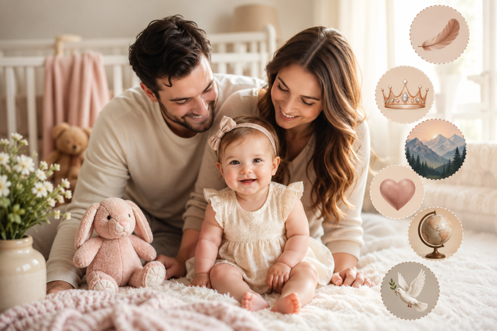 Warm, softly lit nursery with smiling parents gathered around their happy baby sitting on a plush rug, surrounded by gentle symbolic icons including a feather, crown, mountains, heart, globe, and dove, representing hope, love, strength, and purpose in a peaceful family setting.