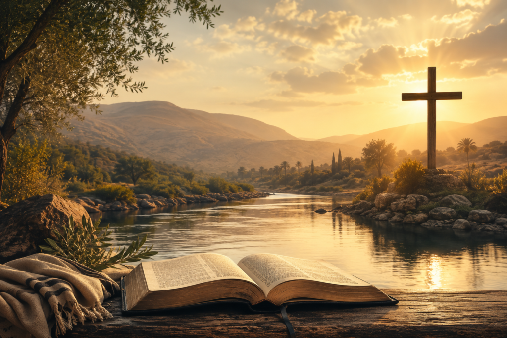 Open Bible beside the Jordan River with a wooden cross at sunrise, symbolizing the meaning of Jordan in the Bible and its spiritual significance today.