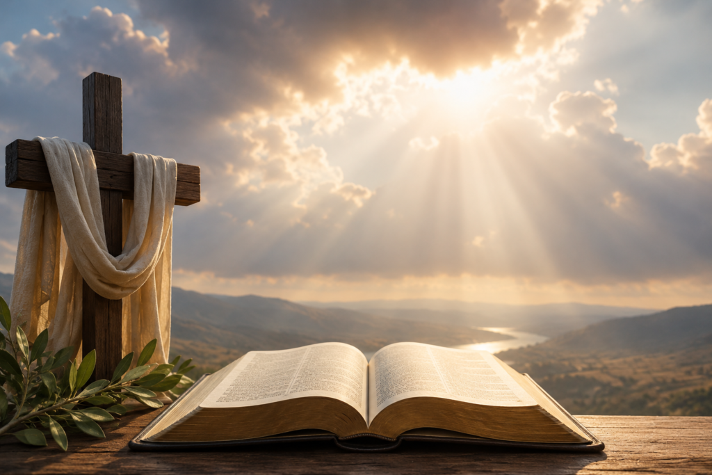 Open Bible beside a wooden cross under golden rays of light with a peaceful sky and distant valley, symbolizing the spiritual meaning of Skylar in the Bible.