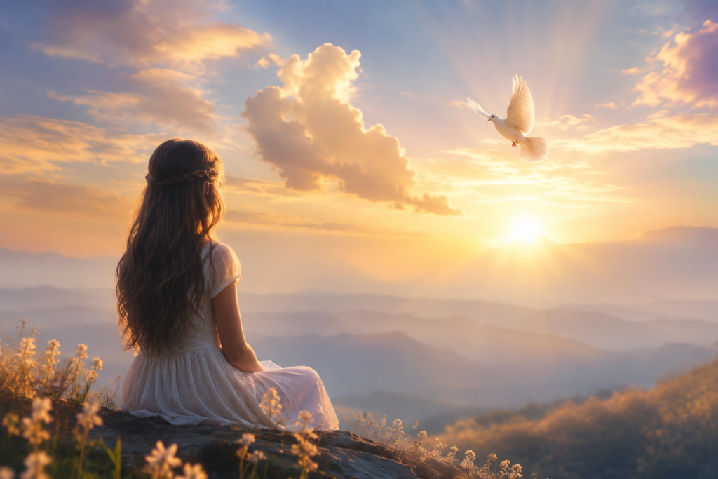 Peaceful spiritual landscape with a person looking toward a glowing sunrise over misty mountains, symbolizing the spiritual meaning of the name Skylar, hope, faith, and divine guidance.