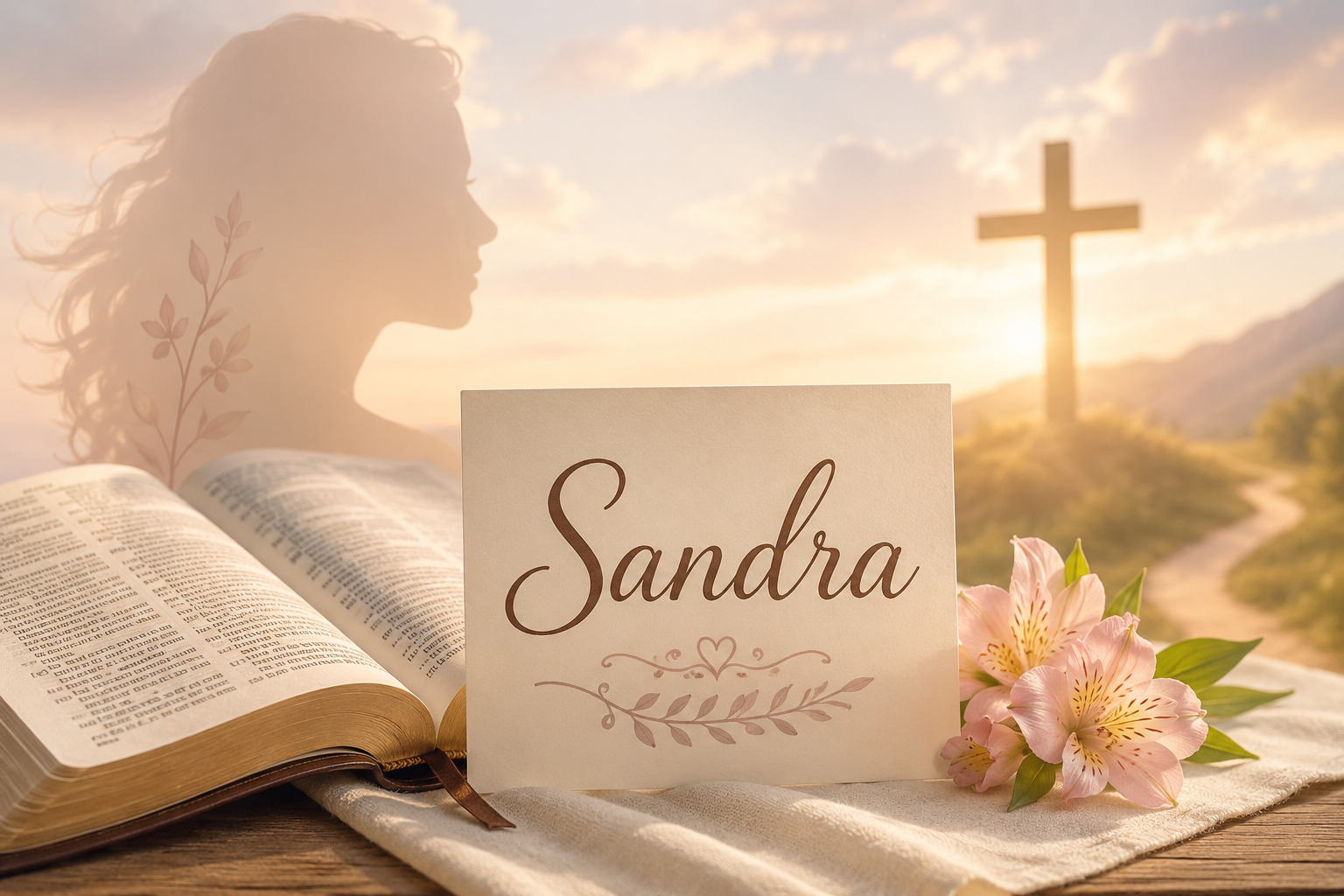 A warm, peaceful feature image showing an open Bible, delicate pink flowers, and a handwritten Sandra name card with a glowing cross and sunrise in the background, symbolizing the spiritual meaning and biblical significance of the name Sandra.