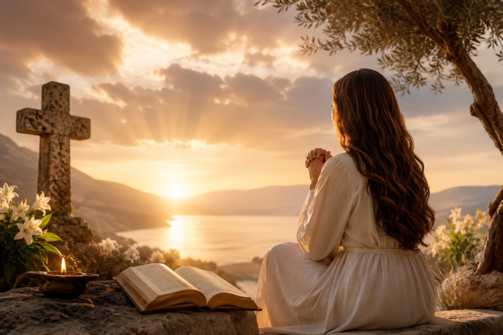 A peaceful biblical inspired scene featuring a woman praying beside an open Bible and a stone cross at sunrise, symbolizing faith, hope, prayer, and the spiritual meaning of the name Sandra.