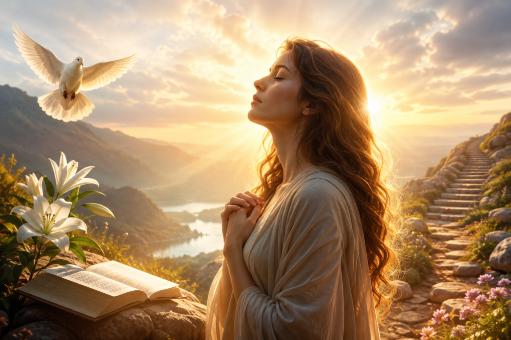 A peaceful spiritual scene with a woman praying at sunrise beside an open Bible, white lilies, and a white dove overlooking a mountain valley, symbolizing the spiritual meaning of the name Sandra.
