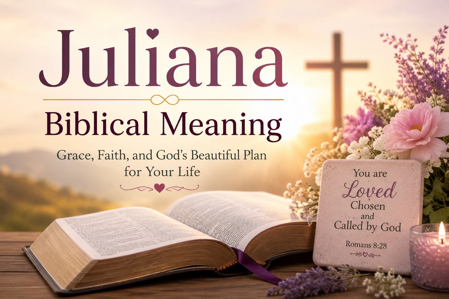 Open Bible with a wooden cross in the background, soft pink flowers, and warm golden sunrise light representing the Juliana Biblical Meaning through faith, grace, hope, and Christian symbolism.