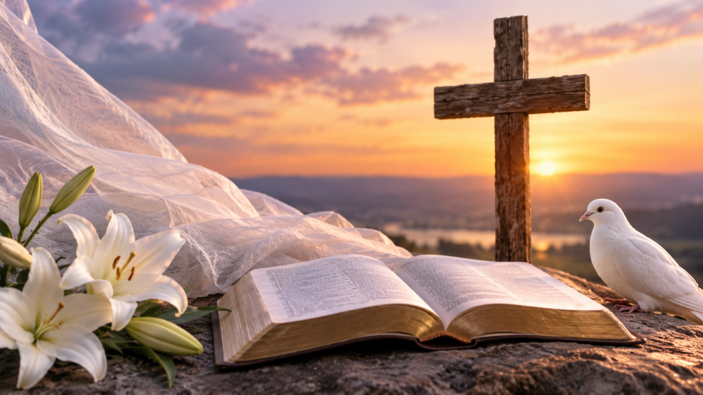 Serene spiritual scene with an open Bible, wooden cross, white dove, and blooming lilies at sunrise, symbolizing the spiritual meaning and symbolism behind the name Juliana.