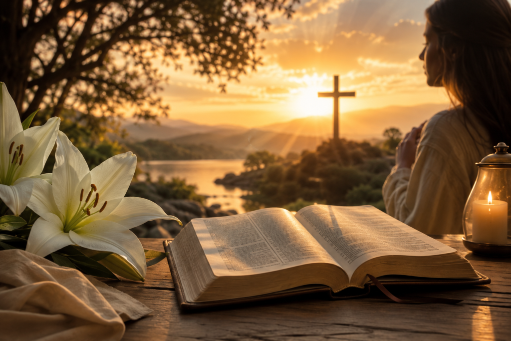 A peaceful biblical inspired scene featuring an open Bible on a wooden table, white lilies, a glowing lantern, and a woman gazing toward a cross at sunset, symbolizing the spiritual meaning of Juliana through themes of faith, hope, grace, and Scripture.
