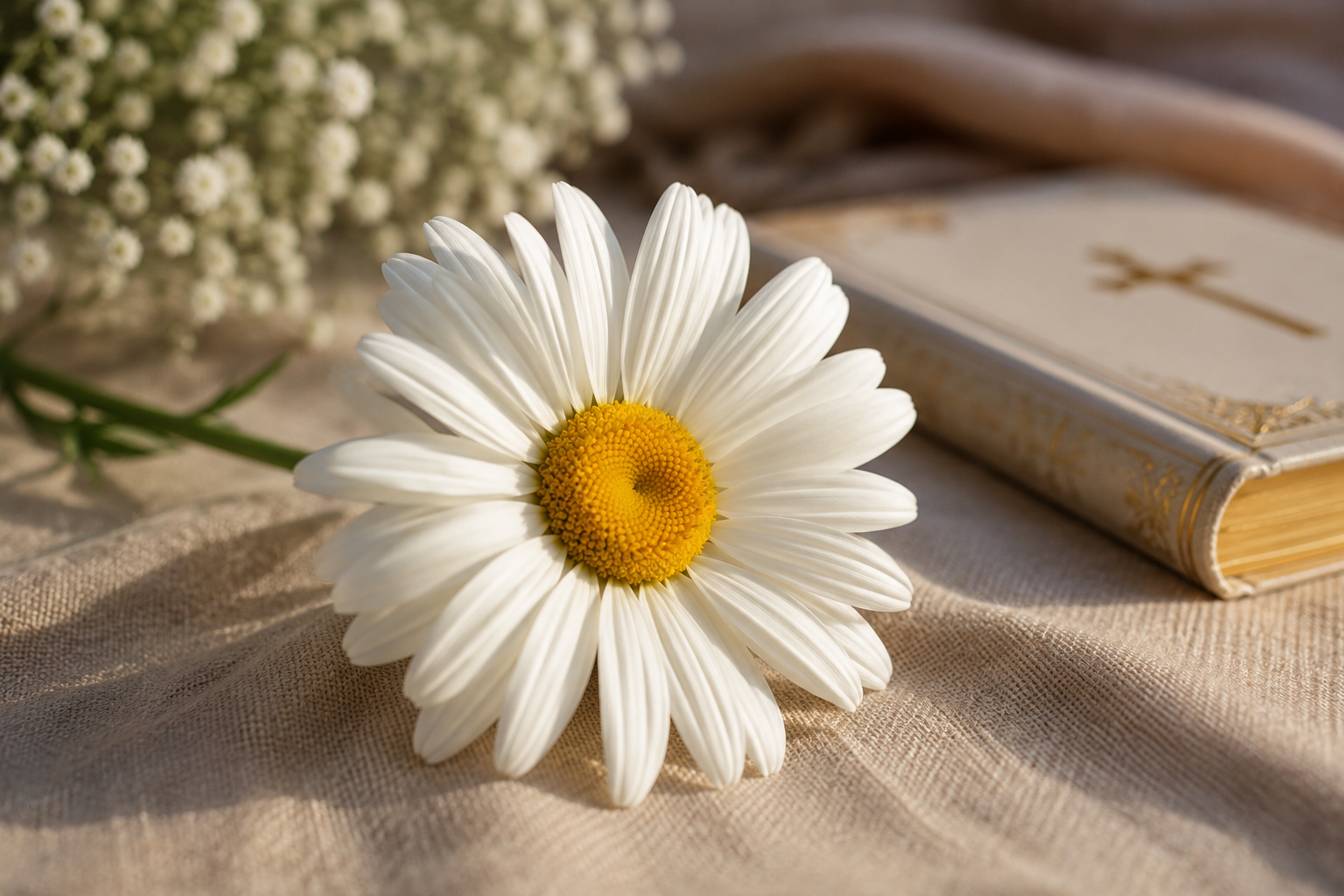 Close up of a fresh white daisy flower with a bright yellow center resting beside a closed Bible in warm natural light, symbolizing purity, faith, hope, and spiritual beauty.