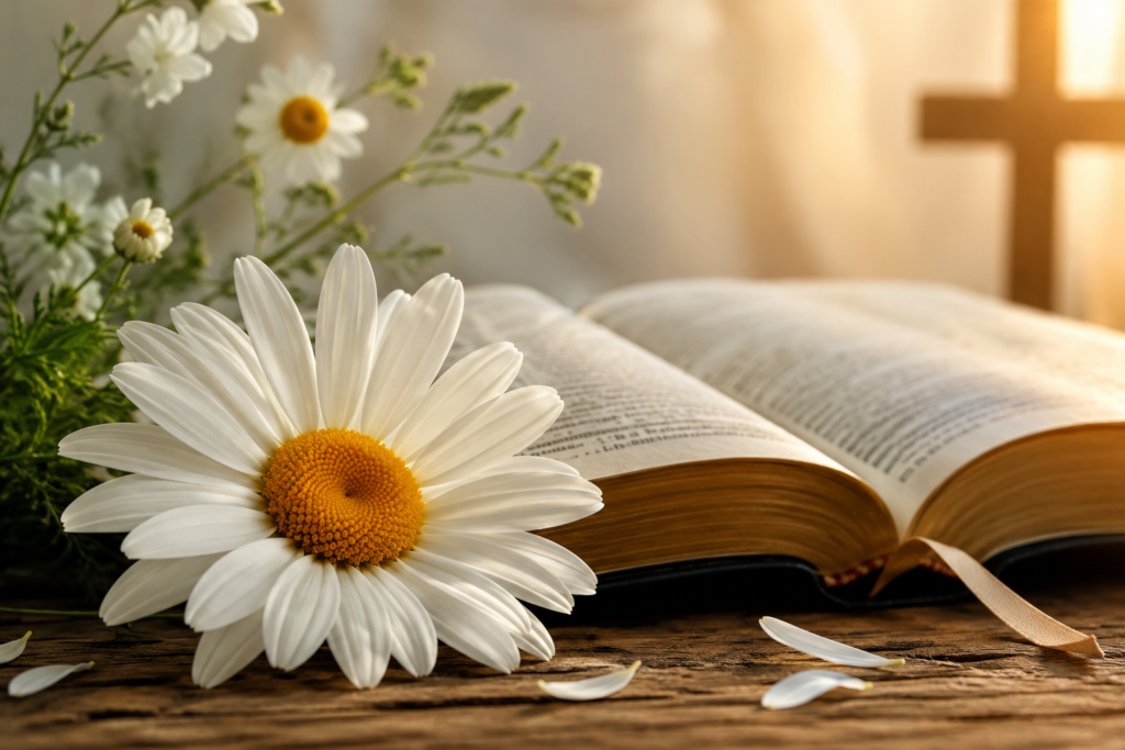 White daisy flower resting beside an open Bible with a wooden cross in the background, illuminated by warm golden sunlight, symbolizing purity, faith, hope, and biblical inspiration.
