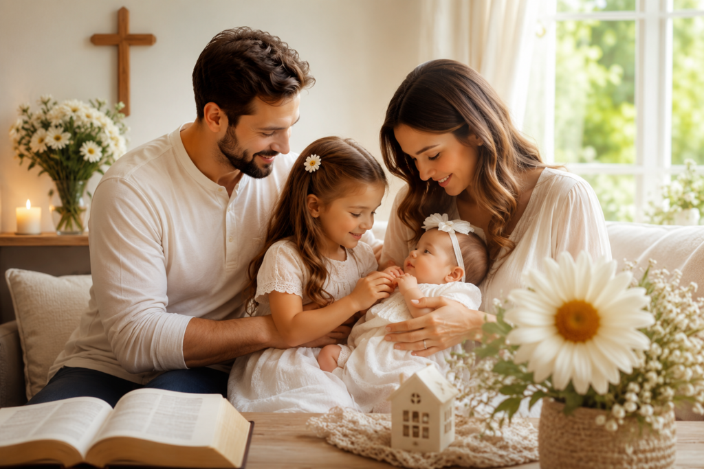 Warm Christian family gathered around a baby named Daisy in a cozy, sunlit home with white daisies, an open Bible, and a wooden cross, expressing love, faith, and family values.