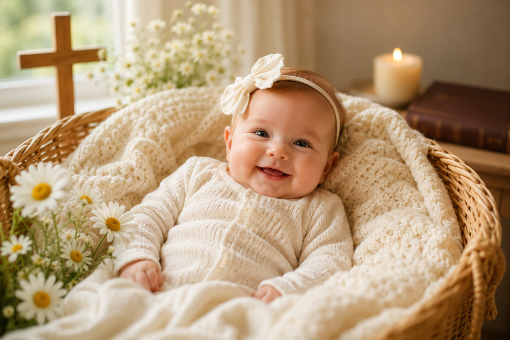 A smiling baby rests in a cozy woven basket surrounded by white daisies, a wooden cross, a Bible, and a glowing candle, creating a warm Christian nursery scene with soft natural light.