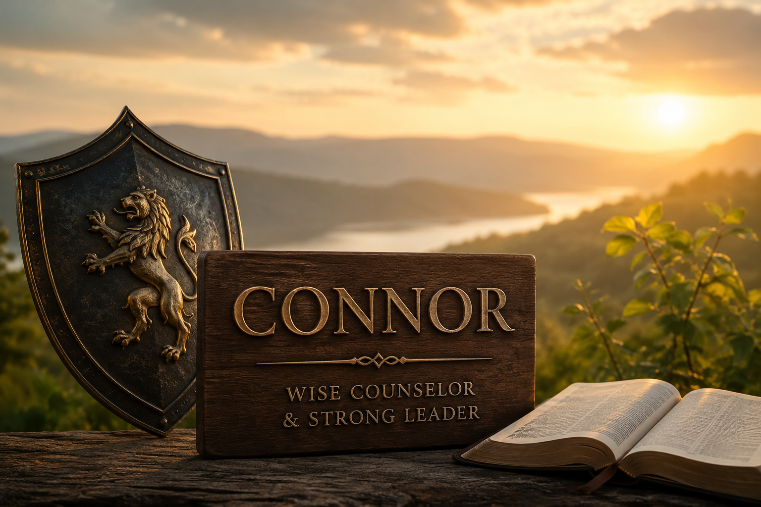 Warm Christian-themed illustration representing the Connor name meaning with an open Bible, wooden cross, baby shoes, royal crown, and symbolic lion crest arranged on a rustic table in soft golden sunlight.