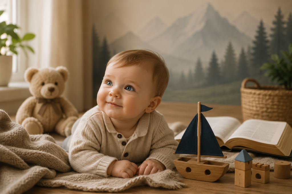 A smiling baby in a cozy cream sweater lies on a soft blanket beside a wooden toy sailboat, teddy bear, building blocks, and an open Bible in a warm, peaceful nursery with mountain mural artwork in the background.
