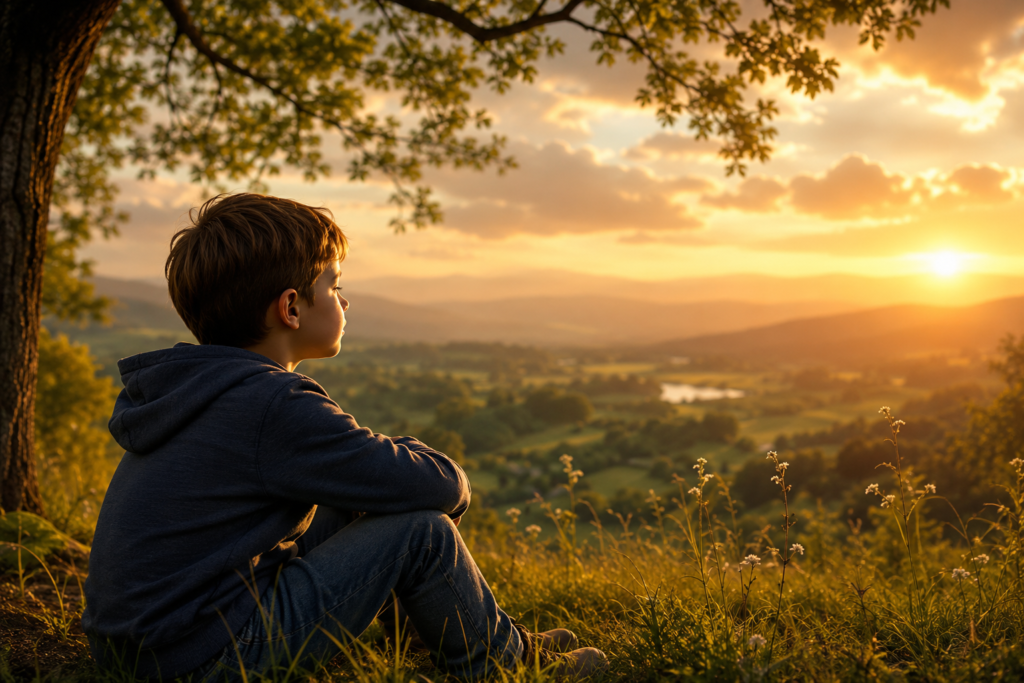 A young boy sits quietly on a hillside at golden hour, looking across a peaceful valley and distant hills, symbolizing wisdom, hope, faith, and quiet reflection in a serene natural landscape.
