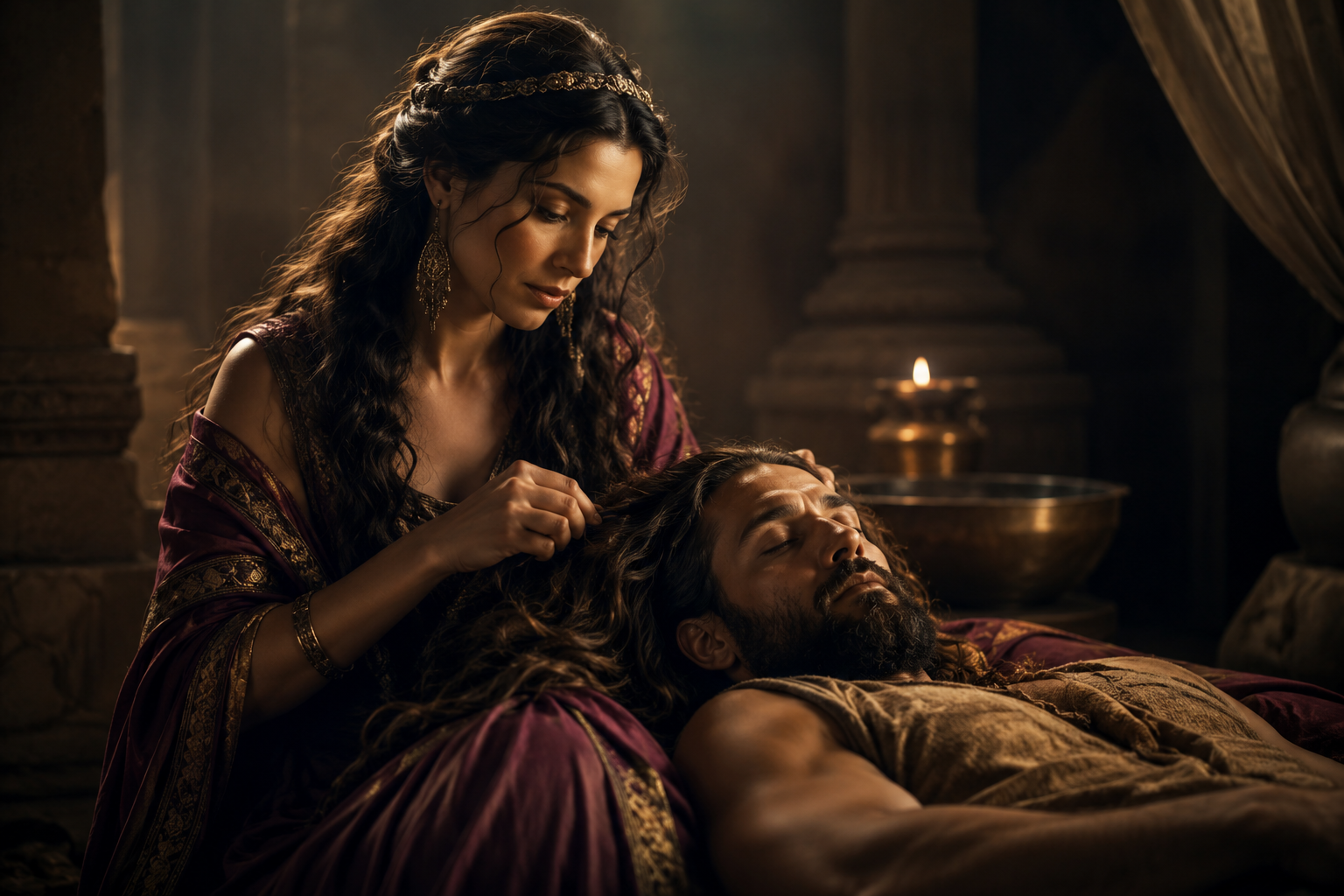 Delilah from the Bible gently holding Samson as she prepares to cut his long hair inside an ancient candlelit room with rich fabrics and historic Middle Eastern architecture.