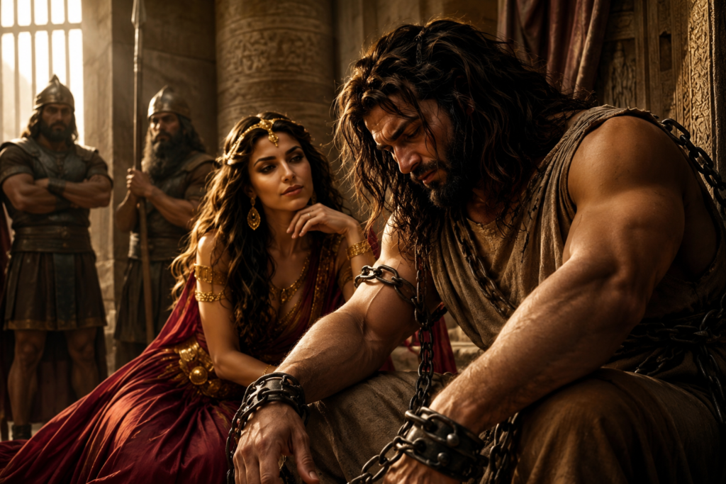 Ancient biblical scene showing a sorrowful, chained strong man seated inside a stone chamber while an elegantly dressed woman watches him, with armed guards standing in the background under warm dramatic lighting.