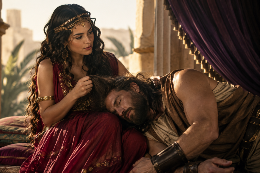 Ancient biblical era woman with long dark hair and elegant jewelry gently holding the hair of a sleeping man in her lap inside a richly decorated stone palace, illuminated by warm golden sunlight, symbolizing the story of Delilah and Samson.