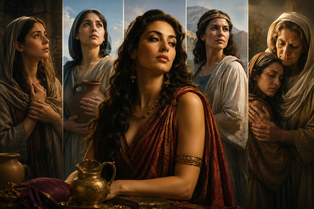 A cinematic biblical collage featuring Delilah at the center in elegant ancient attire, surrounded by several other women from the Bible in separate portrait panels, each displaying distinct expressions of faith, courage, compassion, and wisdom against historic Middle Eastern landscapes and stone architecture.