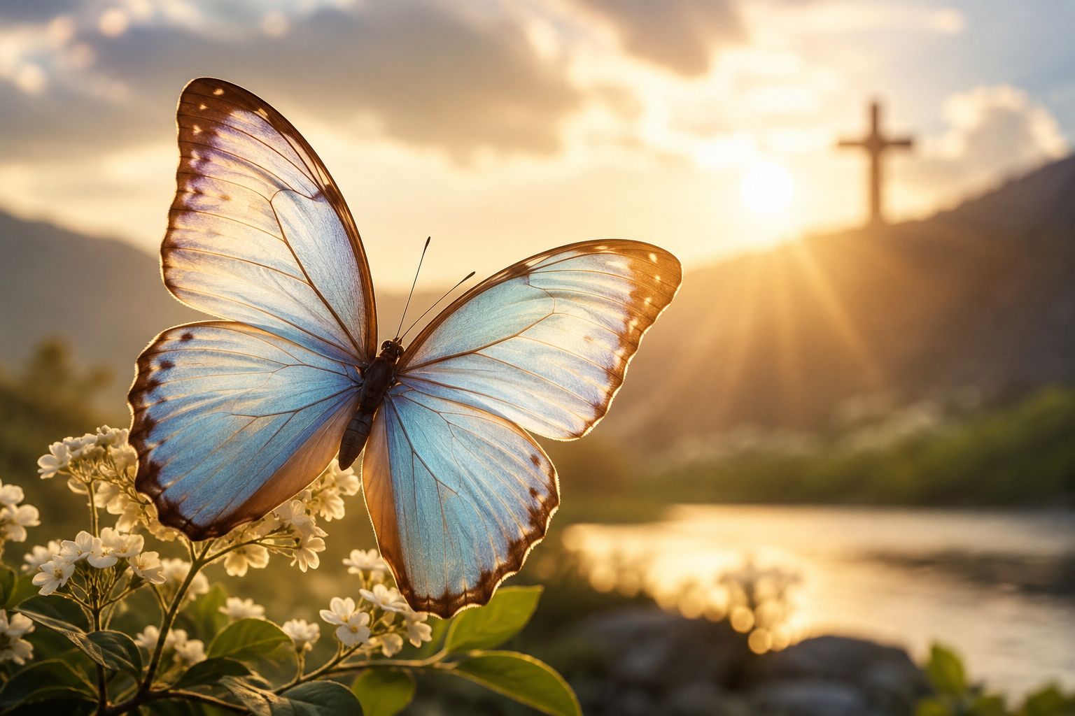 A beautiful butterfly resting on white wildflowers at sunrise with a glowing sky, peaceful landscape, and distant cross symbolizing hope, transformation, and faith.
