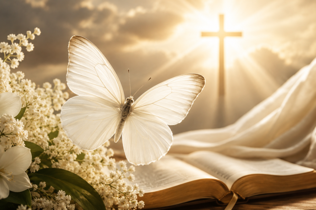 White butterfly flying above an open Bible with a glowing cross in the background, symbolizing purity, hope, faith, and biblical color symbolism.