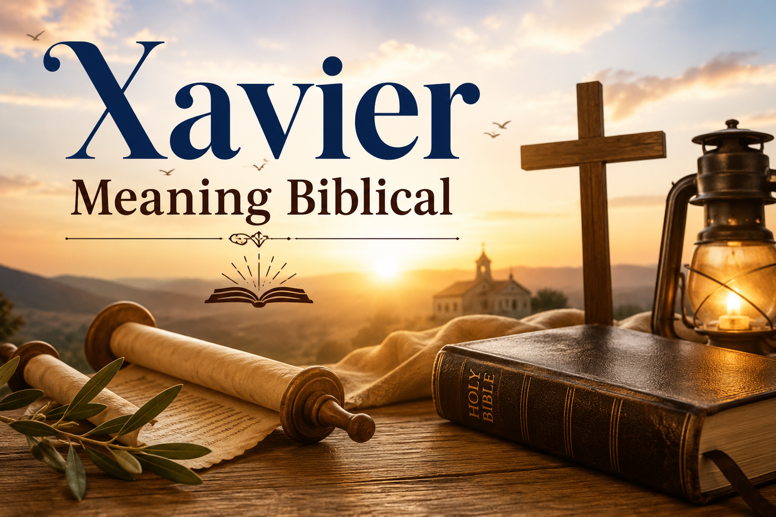 Feature image illustrating the biblical meaning of the name Xavier, featuring an open Holy Bible, a wooden cross, an ancient scroll, an oil lantern, and a church at sunrise in a peaceful landscape, symbolizing faith, scripture, wisdom, and spiritual heritage.
