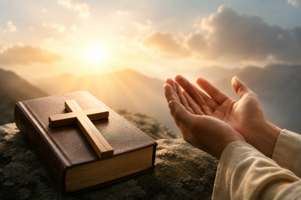A wooden cross resting on a closed Bible beside open hands in prayer with golden sunlight shining over distant mountains, symbolizing faith, hope, and the biblical meaning of the name Xavier.