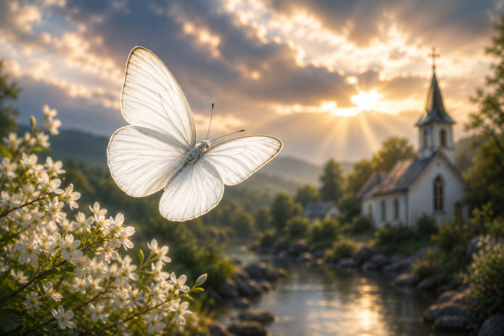 White butterfly flying through a peaceful forest with soft sunlight, symbolizing hope, spiritual renewal, faith, and biblical inspiration.