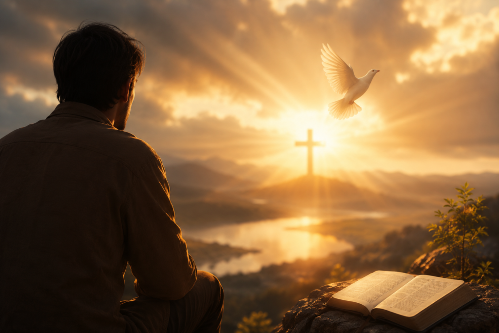A peaceful sunrise over rolling hills with a glowing cross in the distance, a white dove flying through golden light, and a person reflecting beside an open Bible, symbolizing the spiritual meaning behind Xavier.