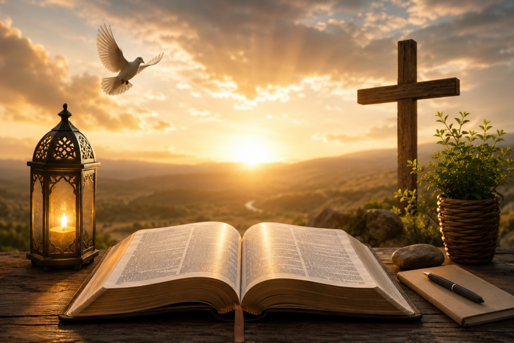 Warm sunrise illuminating an open Bible on a rustic wooden table with a lantern, journal, potted plant, wooden cross, and white dove overlooking a peaceful valley under golden rays.