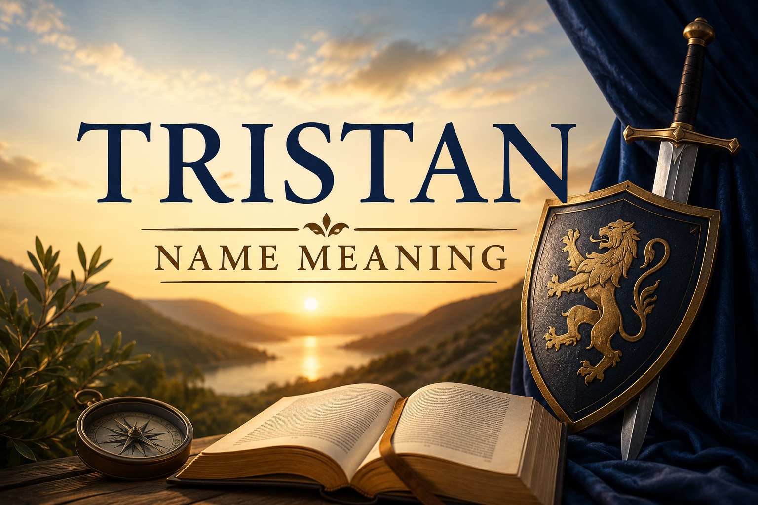 Feature image showing a peaceful sunrise over rolling hills with an open book, medieval sword, lion crest shield, and compass, symbolizing the Tristan name meaning with themes of courage, strength, honor, and spiritual heritage.