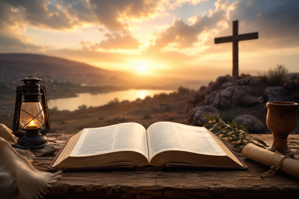 Meaning of Tristan in the Bible illustrated through symbolic biblical themes with an open Bible, warm golden light, a praying child, a cross, a dove, and peaceful spiritual scenery.