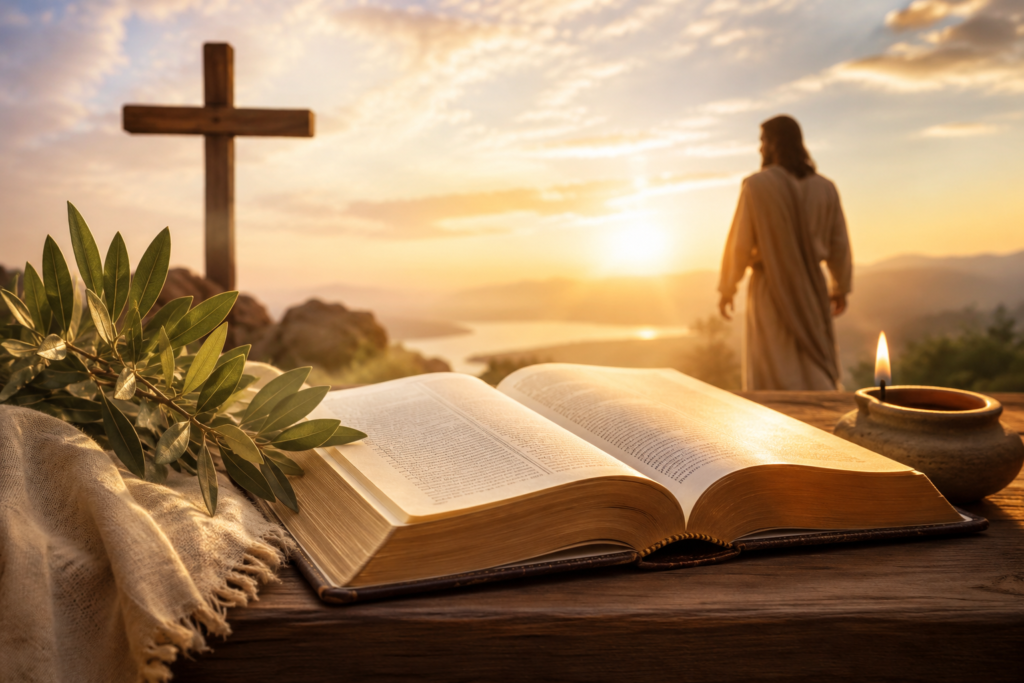 A serene biblical inspired landscape at sunrise featuring an open Bible, a wooden cross, olive branches, a glowing oil lamp, and a robed figure in the distance, symbolizing faith, wisdom, and the spiritual meaning of the name Tristen.