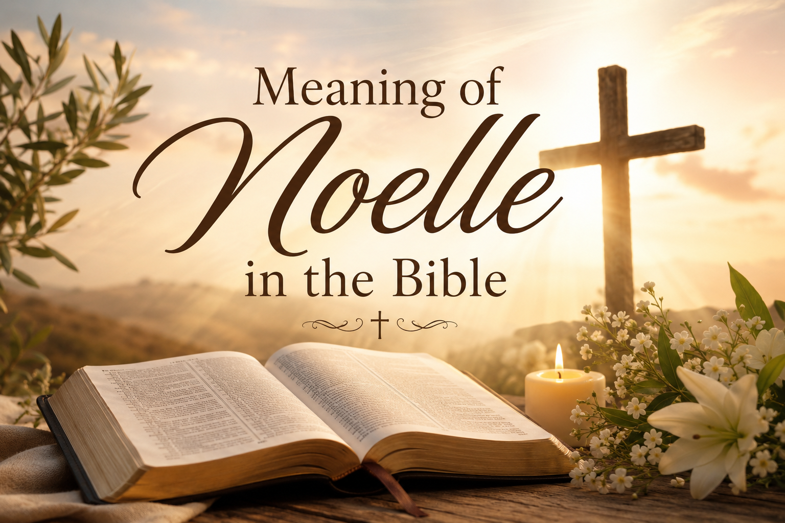 Open Bible with a wooden cross, glowing sunrise, candle, and white flowers symbolizing the meaning of Noelle in the Bible with a peaceful Christian background.