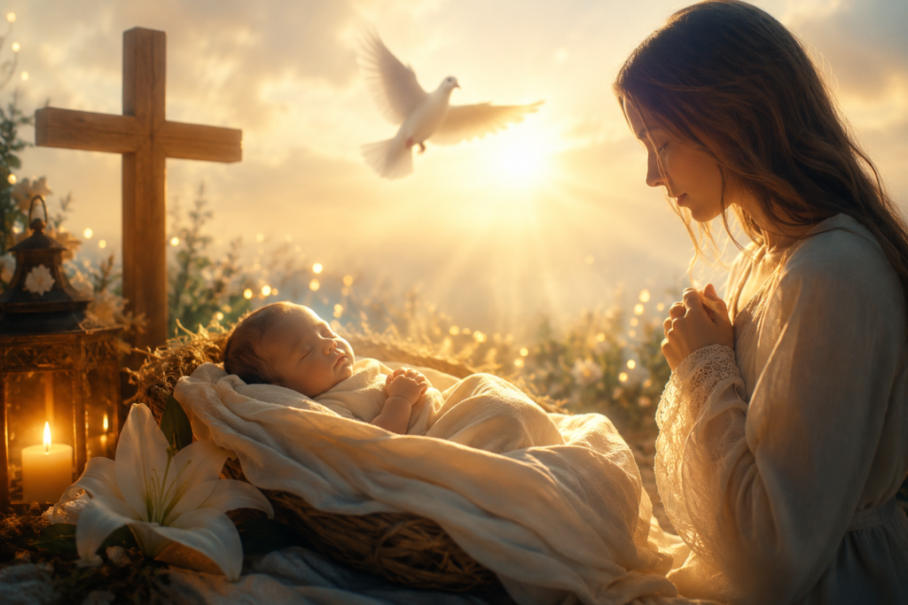 A peaceful spiritual scene featuring a sleeping baby in a rustic cradle surrounded by warm golden light, a wooden cross, a glowing candle, a white dove, and a woman praying, symbolizing the spiritual meaning of the name Noelle.
