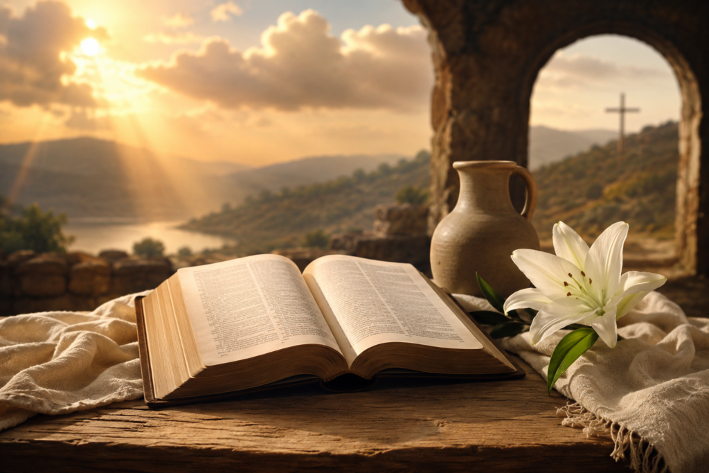 A warm, peaceful biblical scene featuring an open Bible, white lilies, a clay jar, and a distant cross under golden sunrise light, symbolizing the spiritual meaning of the name Noelle.