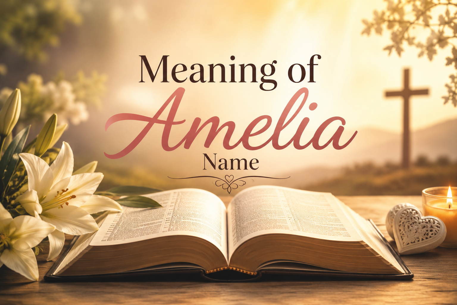Feature image showing an open Bible with white lilies, a glowing candle, and a cross in the background under warm golden light, symbolizing the meaning of the Amelia name through faith, hope, and biblical inspiration.