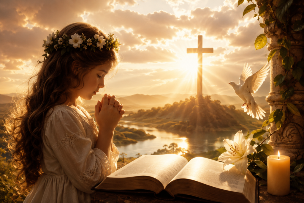 Peaceful biblical inspired scene with an open Bible, glowing cross, white dove, candle, and golden sunrise, symbolizing the biblical meaning of the name Amelia through faith, hope, purity, and devotion.