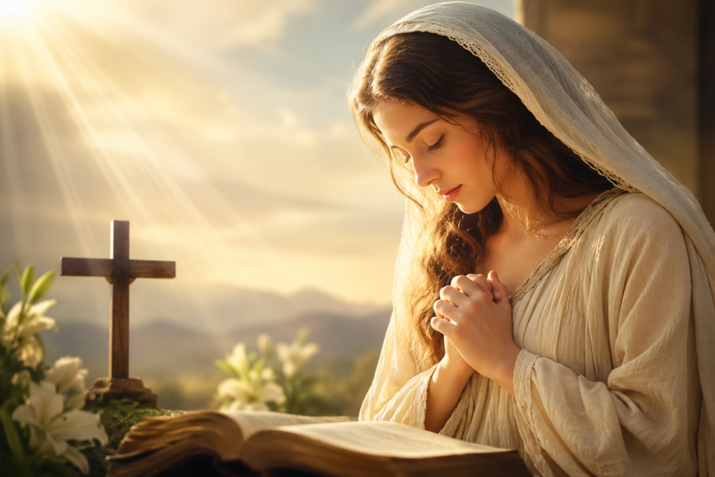 A peaceful biblical inspired scene featuring a young woman in prayer beside an open Bible and a wooden cross, with warm golden sunlight shining over a serene landscape, symbolizing the spiritual meaning of the name Amelia.
