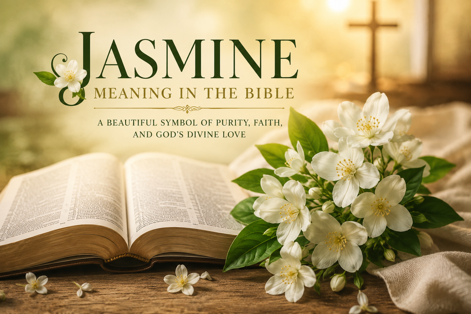 Open Bible resting on a wooden table with blooming white jasmine flowers, soft golden sunlight, and a blurred cross in the background, symbolizing the biblical meaning of the jasmine name.