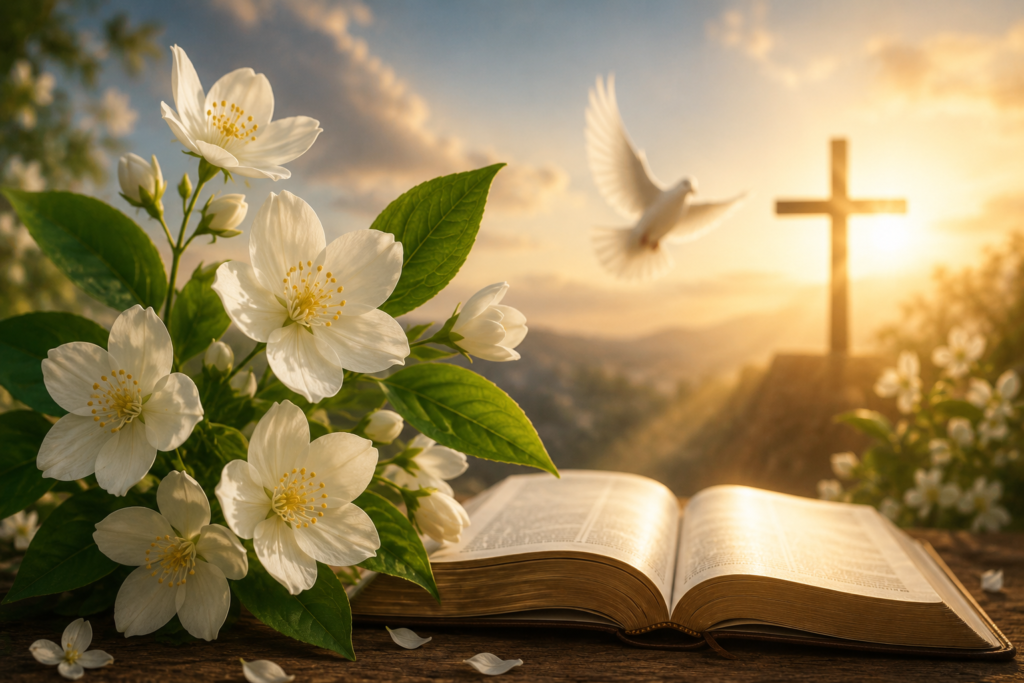 Open Bible beside blooming white jasmine flowers with a white dove, glowing sunrise, and cross in the background, representing the spiritual meaning of the name Jasmine through peace, purity, hope, and faith.