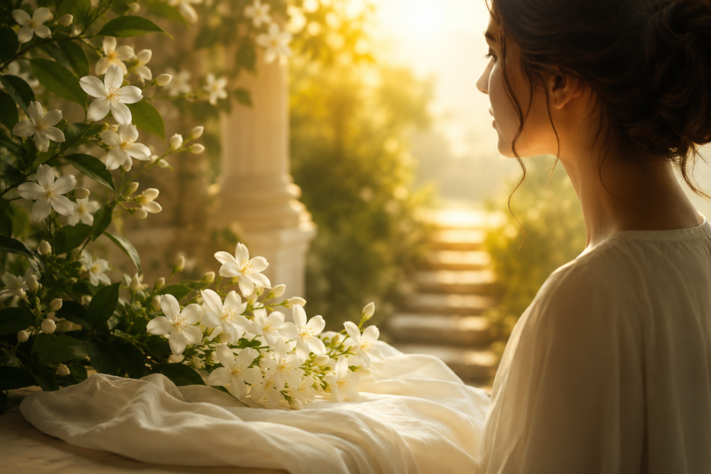 A serene garden scene featuring blooming white jasmine flowers beside a thoughtful young woman in warm golden sunlight, symbolizing beauty, purity, and the meaning behind the name Jasmine.