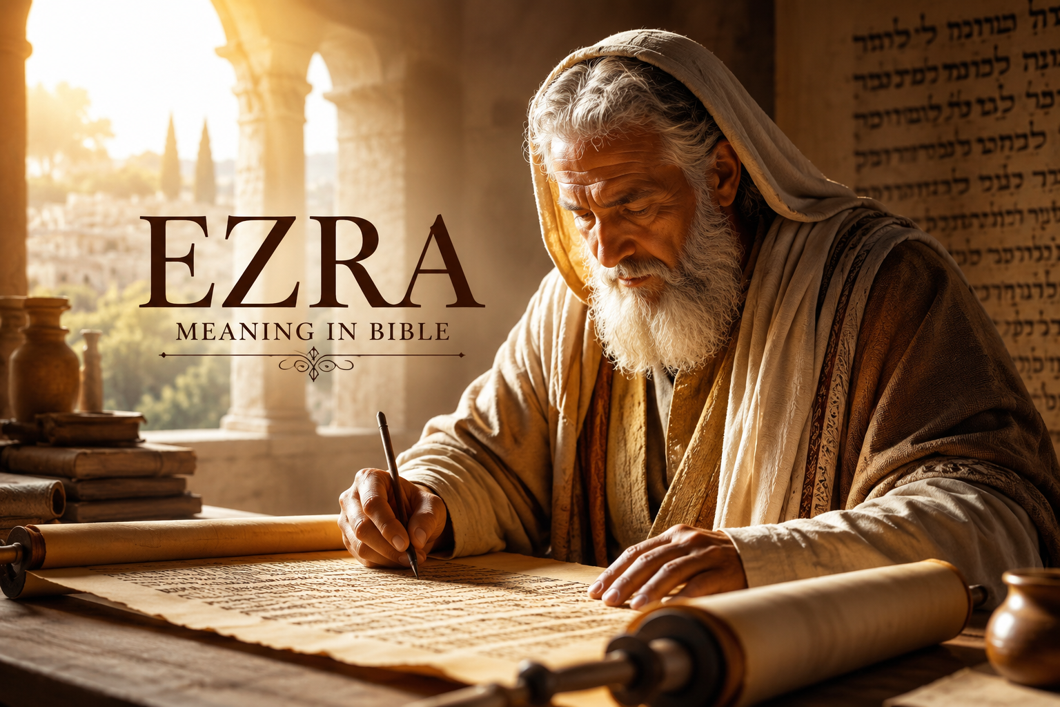 Feature image showing the biblical scribe Ezra writing on an ancient scroll in a softly lit temple setting, surrounded by sacred manuscripts and historical architecture, representing the Ezra meaning in Bible.