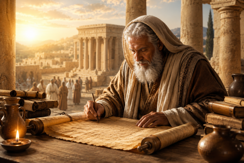 Illustration of the biblical scribe Ezra writing on an ancient scroll in a peaceful temple courtyard surrounded by manuscripts and stone columns, symbolizing the biblical meaning, wisdom, and faith associated with the name Ezra.