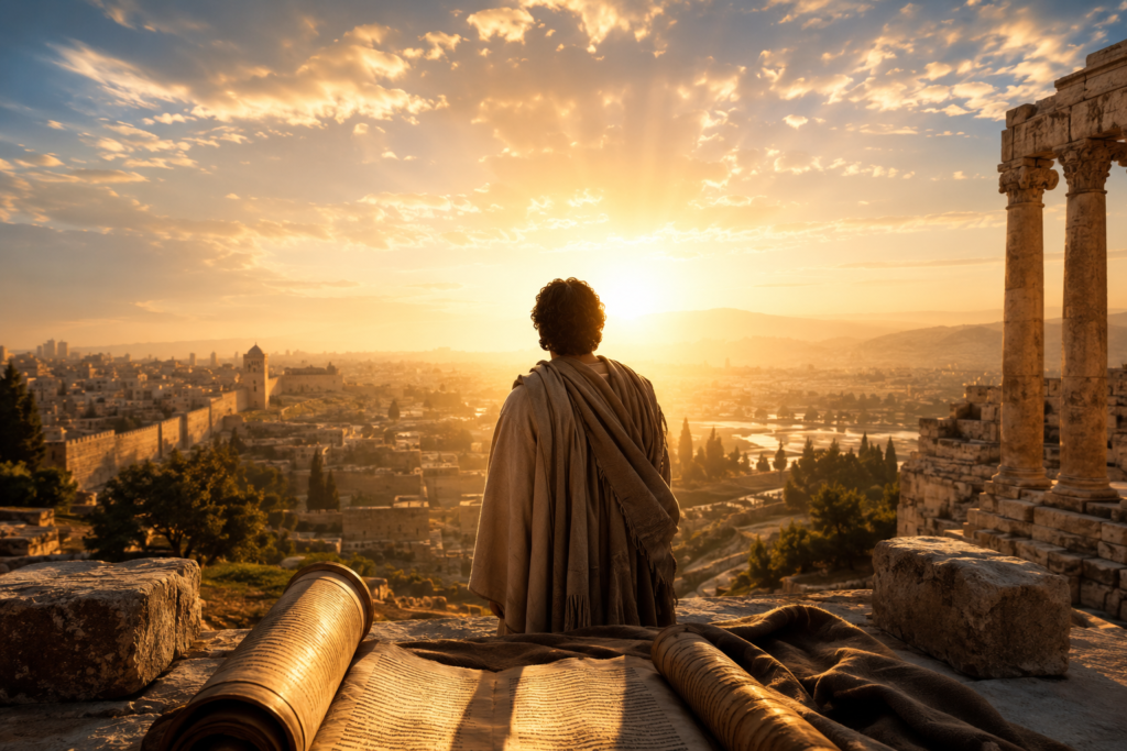 Spiritual scene representing the meaning behind Ezra, featuring an ancient biblical figure overlooking Jerusalem at sunrise with open scrolls and golden light, symbolizing wisdom, faith, and divine guidance.