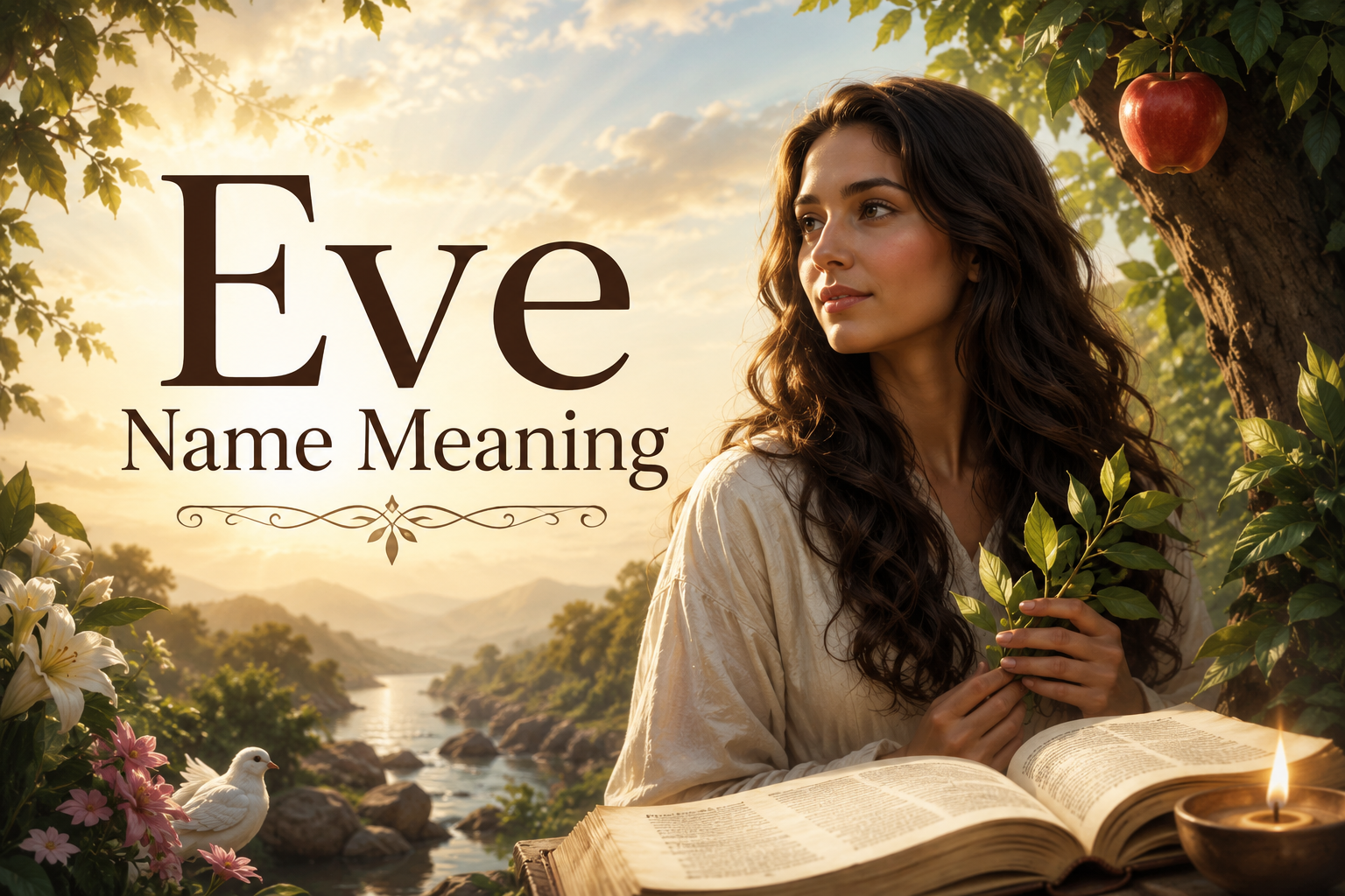 Feature image for Eve Name Meaning showing a woman in a peaceful Garden of Eden setting beside an open Bible, with warm sunlight, lush trees, and an apple symbolizing the Biblical story of Eve.