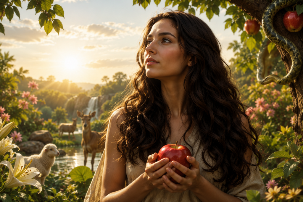 Illustration of Eve in the Garden of Eden holding a red apple, surrounded by lush trees, peaceful animals, and warm sunlight, representing what Eve means in the Bible as the first woman and the beginning of humanity.