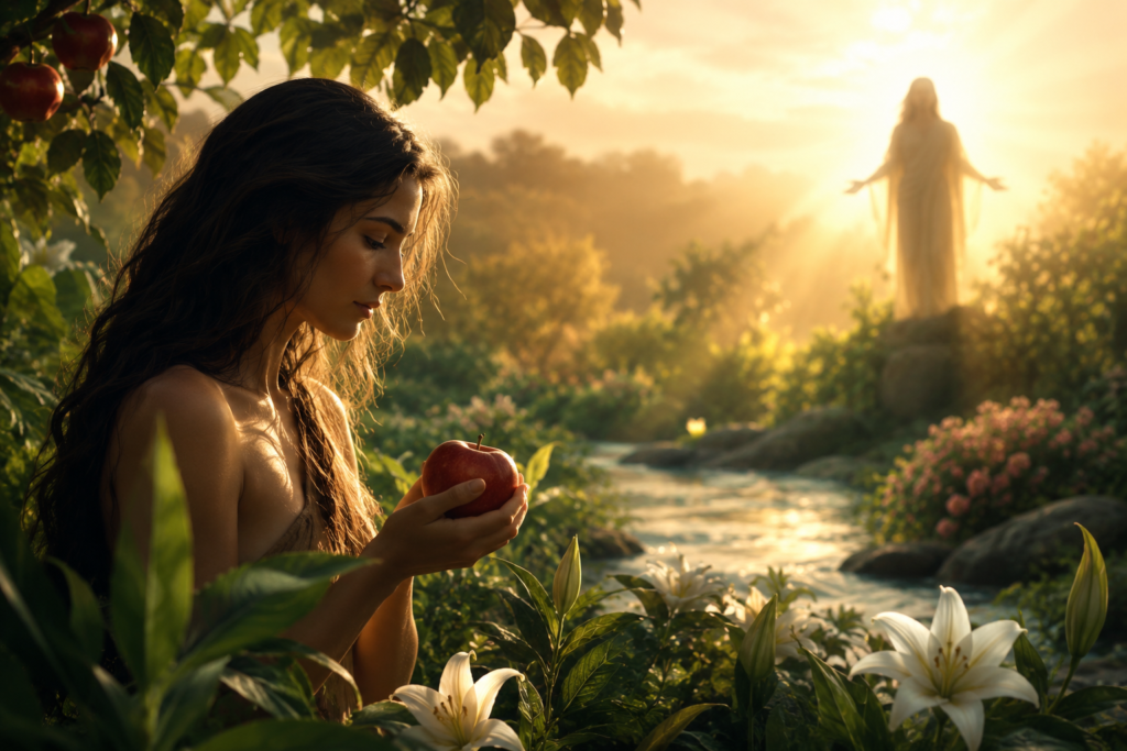 A peaceful depiction of Eve in the Garden of Eden holding a red apple as warm divine light shines through a lush garden, symbolizing faith, choice, grace, and the spiritual message behind Eve.