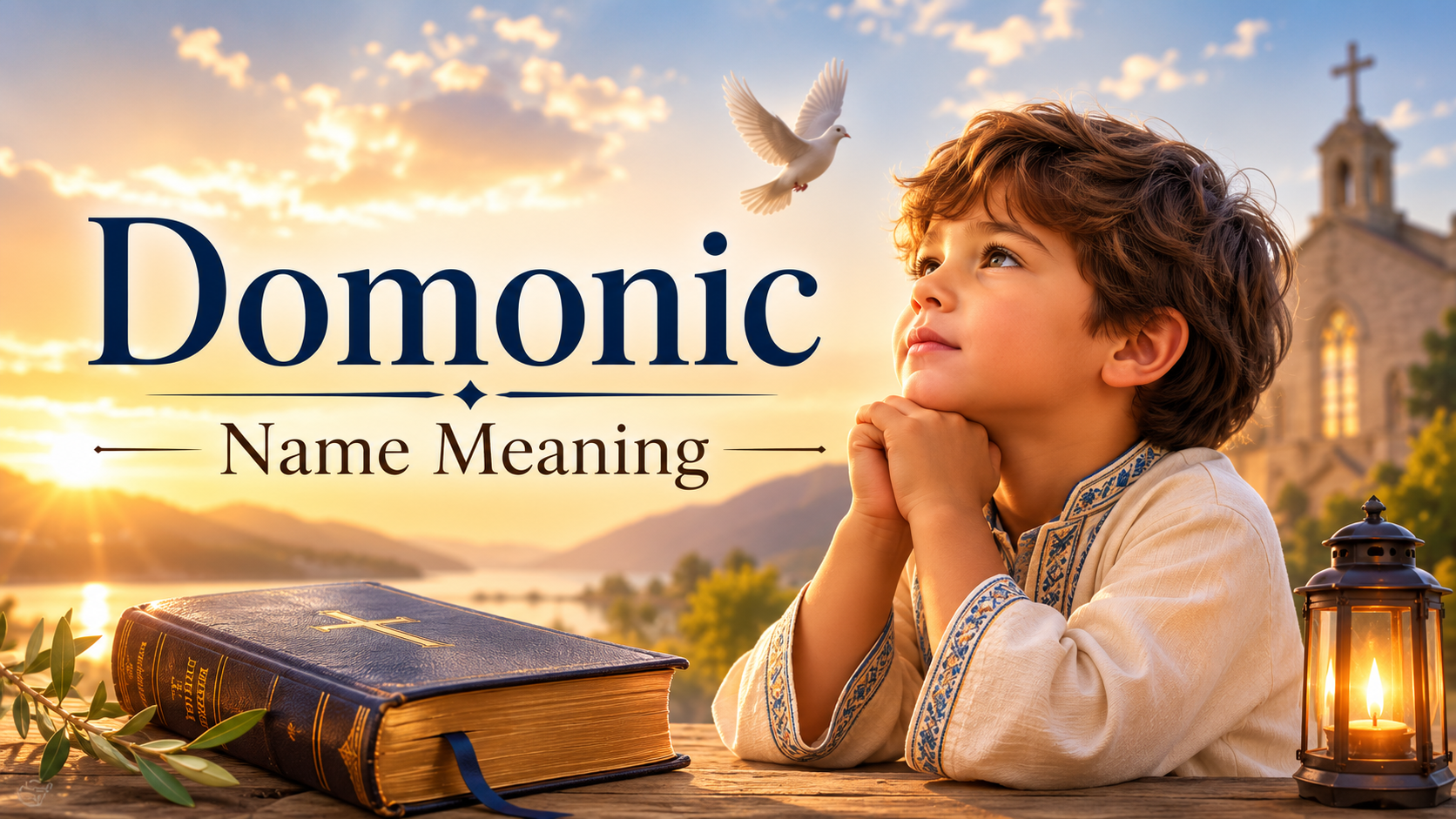 Feature image illustrating the Domonic name meaning with a Bible, wooden cross, warm golden sunrise, and peaceful spiritual background symbolizing faith, devotion, and biblical inspiration.